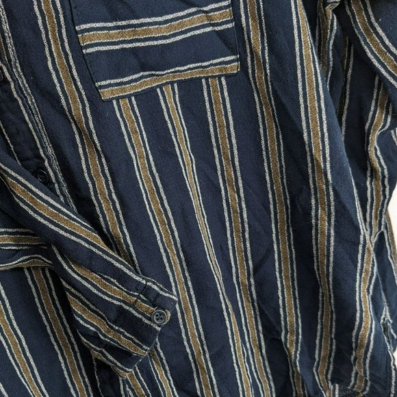BP Nordstrom Button Front Blouse S Navy Mustard Striped Long Sleeve Patch Pocket - Picture 6 of 14